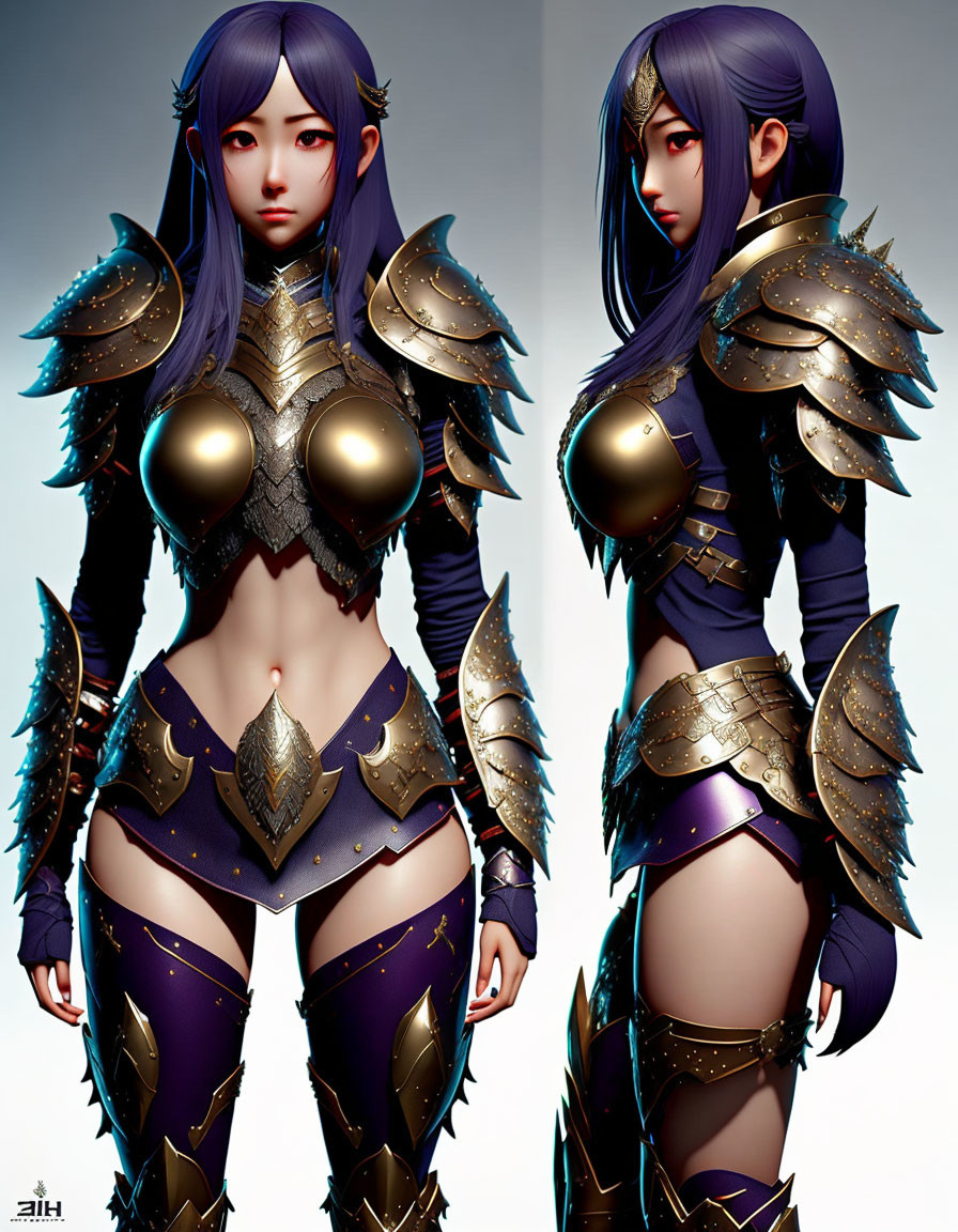 Detailed Female Animated Character in Purple & Gold Armor