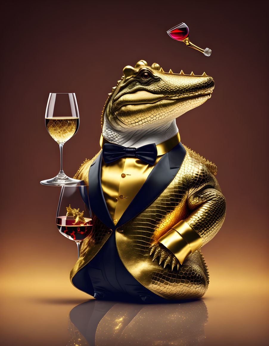 Anthropomorphic alligator in tuxedo with wine glass and fishbowl on gradient background.