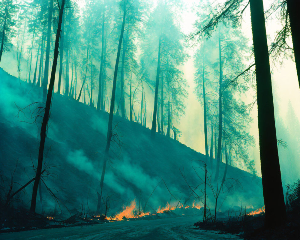 Misty forest with burning flames on trees in hazy sky