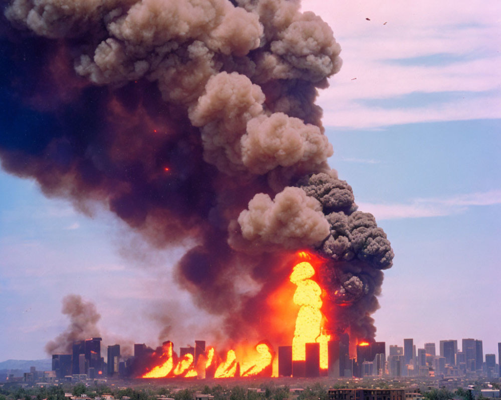 City skyline engulfed in massive fire and thick smoke with fiery explosions and intense flames.