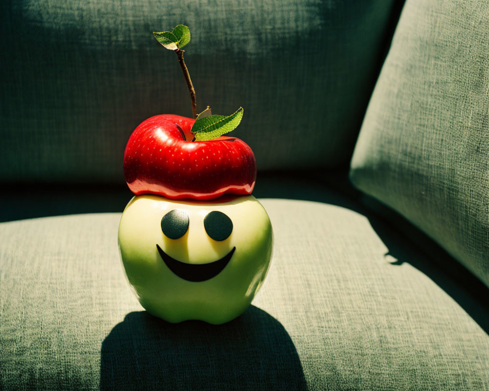 Stacked apples with leafy twig forming a smiling face on grey couch