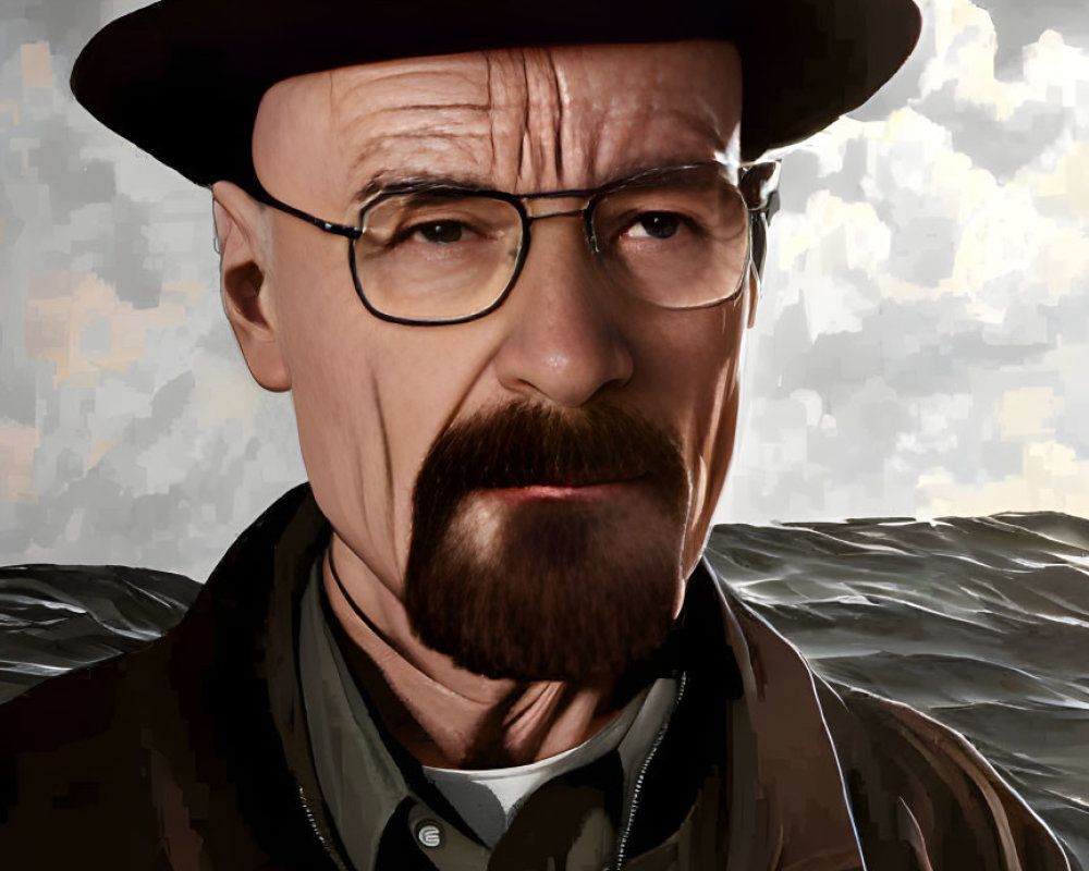 Portrait of stern man with goatee, glasses, hat, and jacket against cloudy backdrop