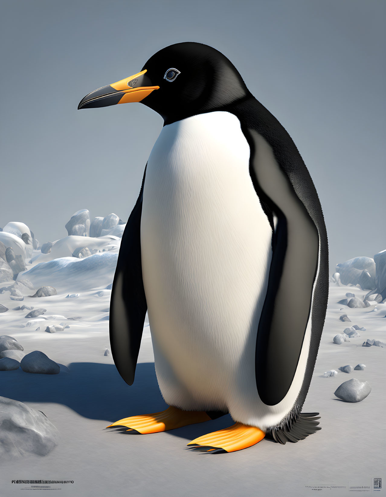 Realistic digital illustration of Emperor penguin on snowy landscape