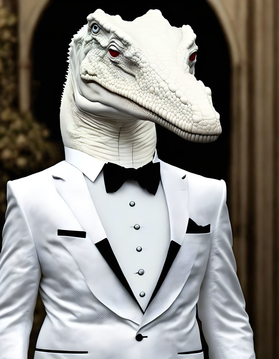 Person in White Tuxedo with Velociraptor Mask and Bowtie