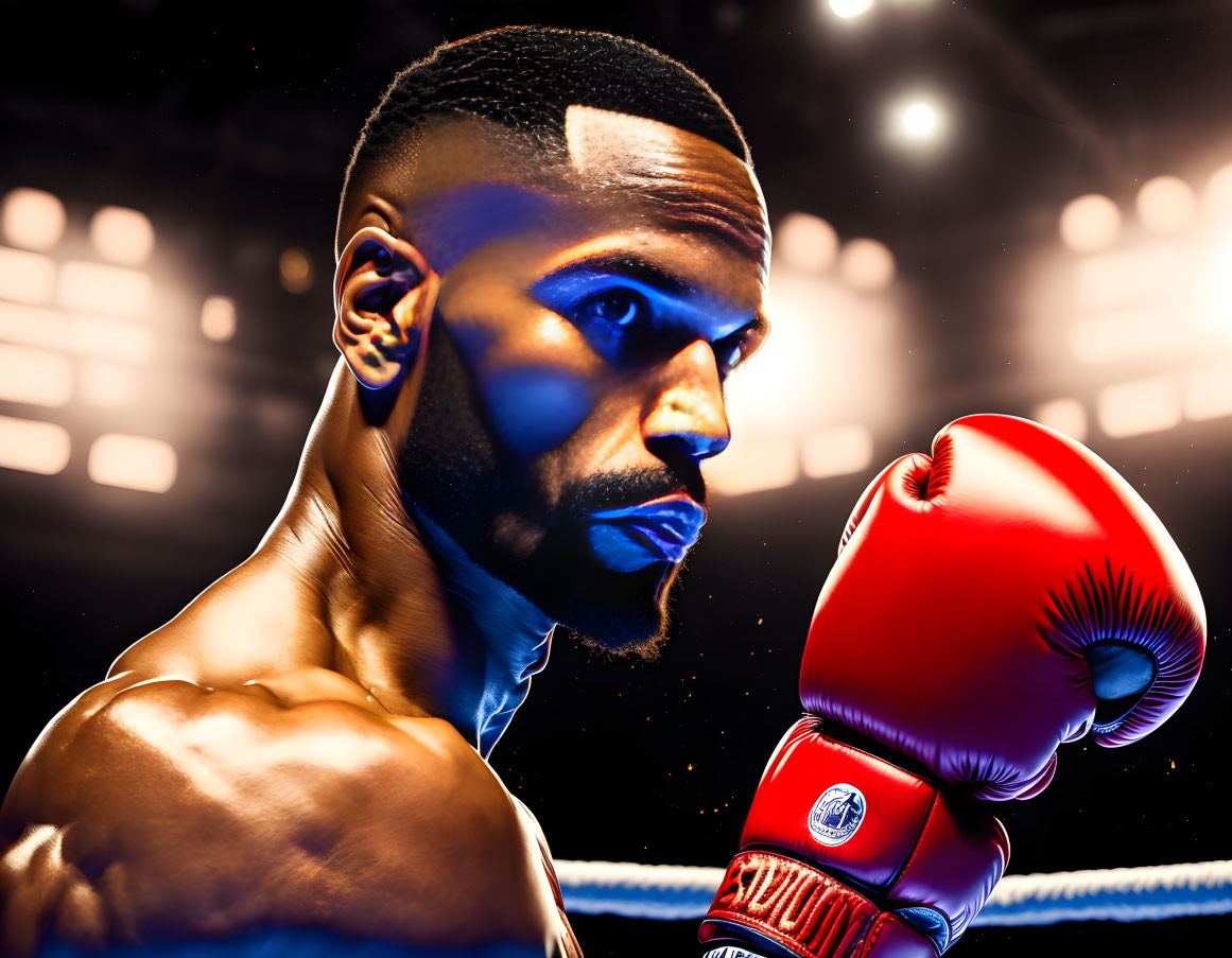 Male boxer with beard in red gloves ready for fight in dramatic lighting