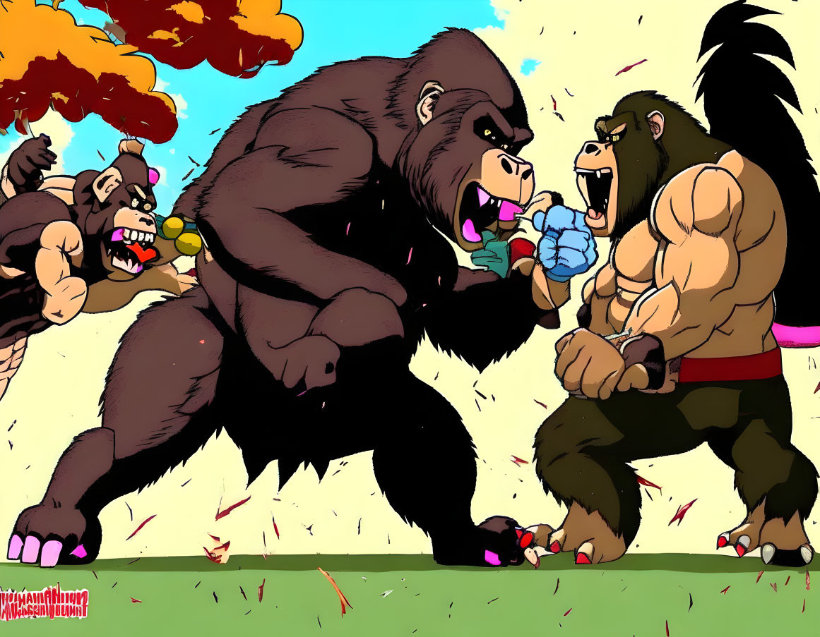 Three animated gorillas as wrestlers in aggressive face-off under clear sky