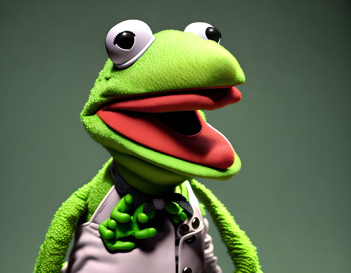 Colorful 3D rendering of frog-like character in suit with bow tie