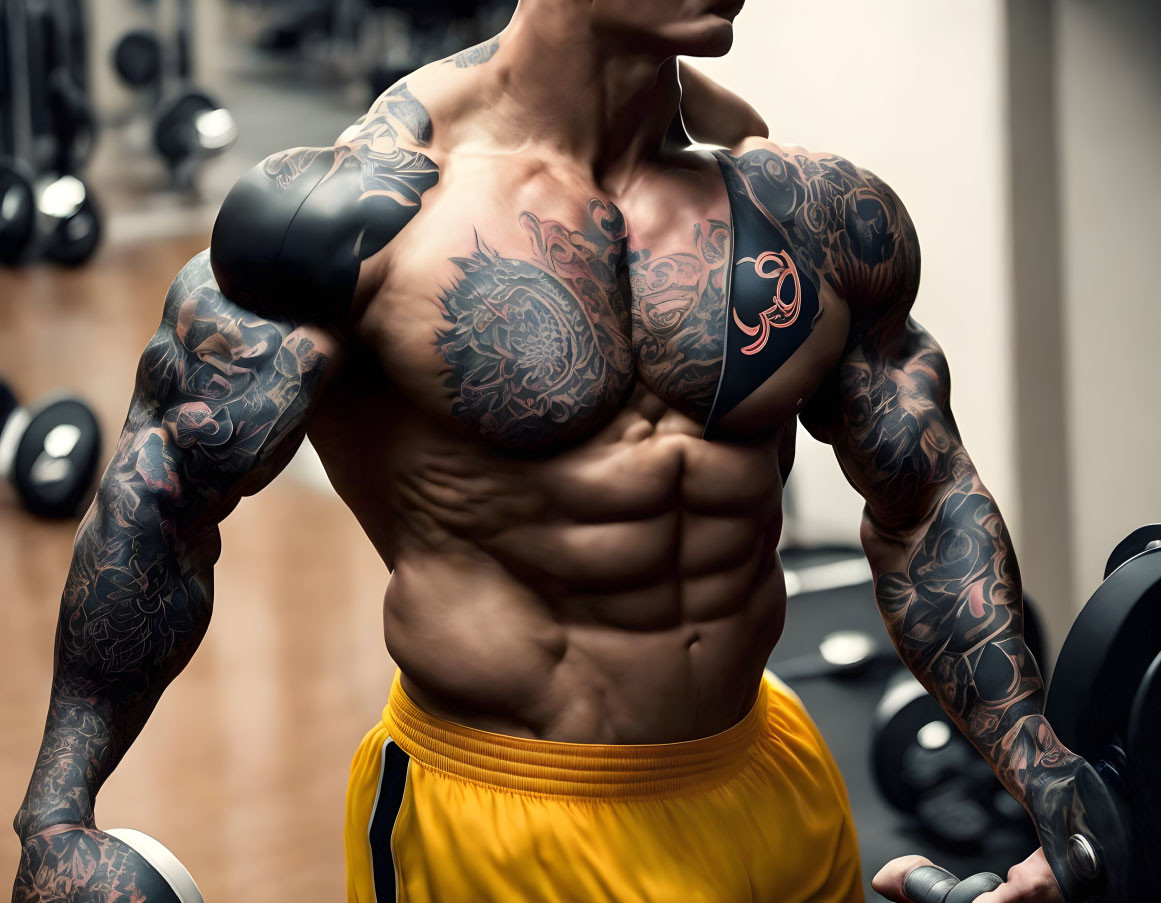 Muscular person with tattoos posing in gym with dumbbells