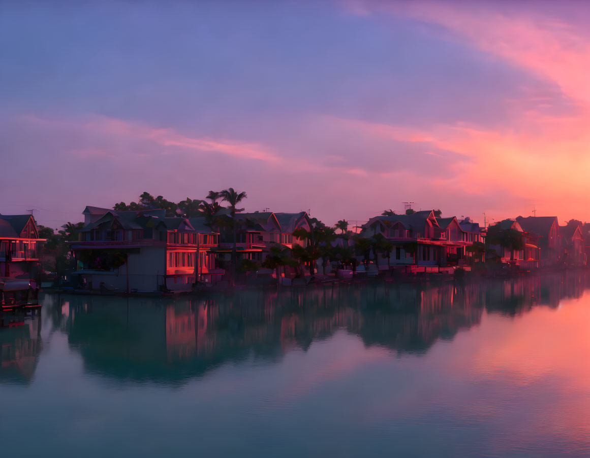 Twilight waterfront houses reflected in calm lake under purple-pink sky