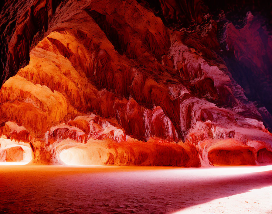 Dramatic red and orange hues in an intricate cavern landscape