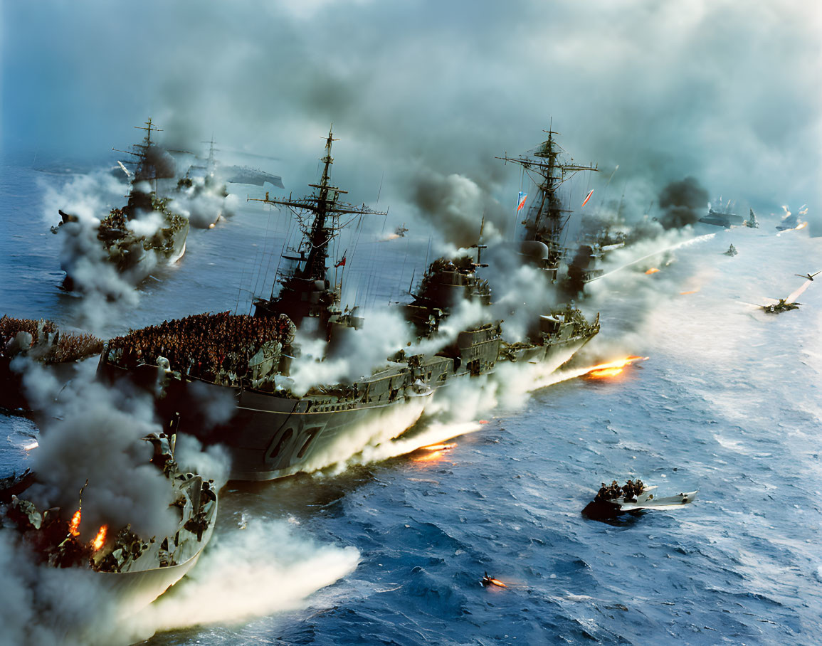 Warships in Battle Amidst Smoke and Fire on the Ocean