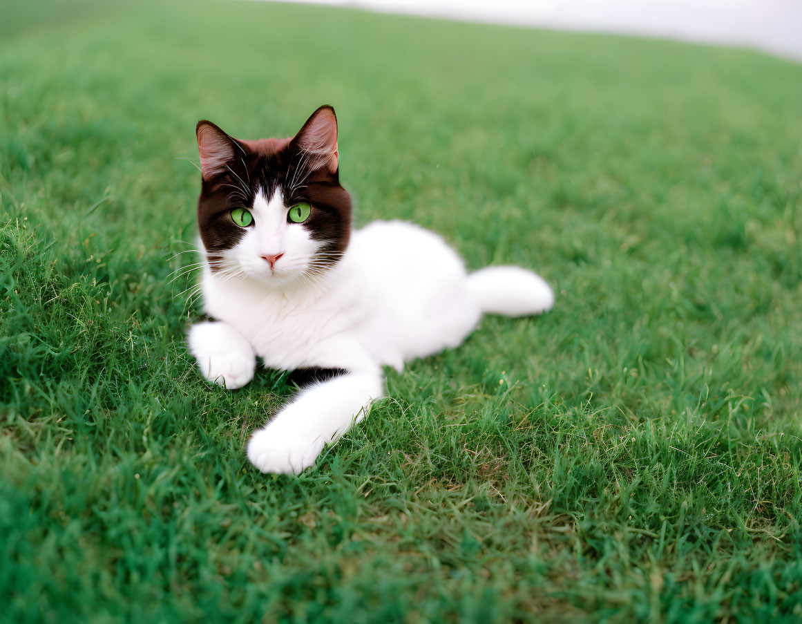 White and Brown Cat with Green Eyes on Green Grass