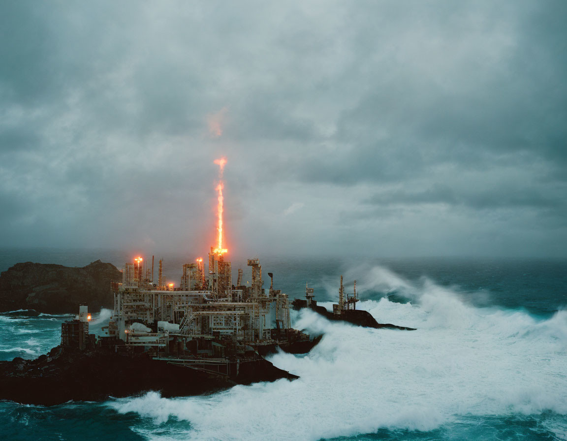 Industrial facility with lit structures on rocky coast amid stormy sky, crashing waves, and burning flame.