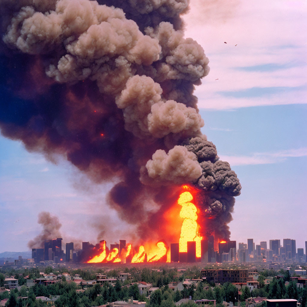 City skyline engulfed in massive fire and thick smoke with fiery explosions and intense flames.