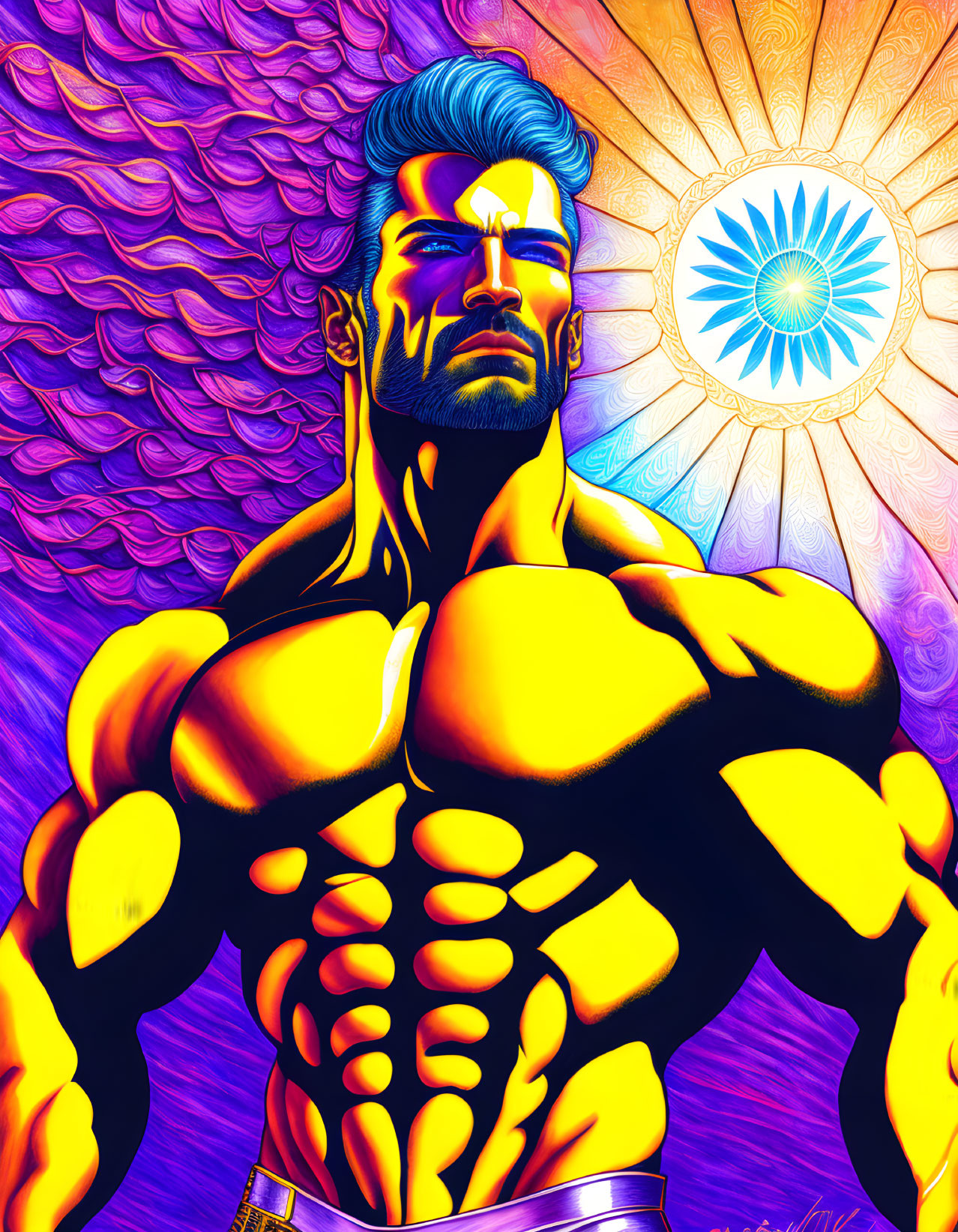 Colorful illustration: muscular, blue-skinned mythical figure with white hair and third eye on psychedelic background