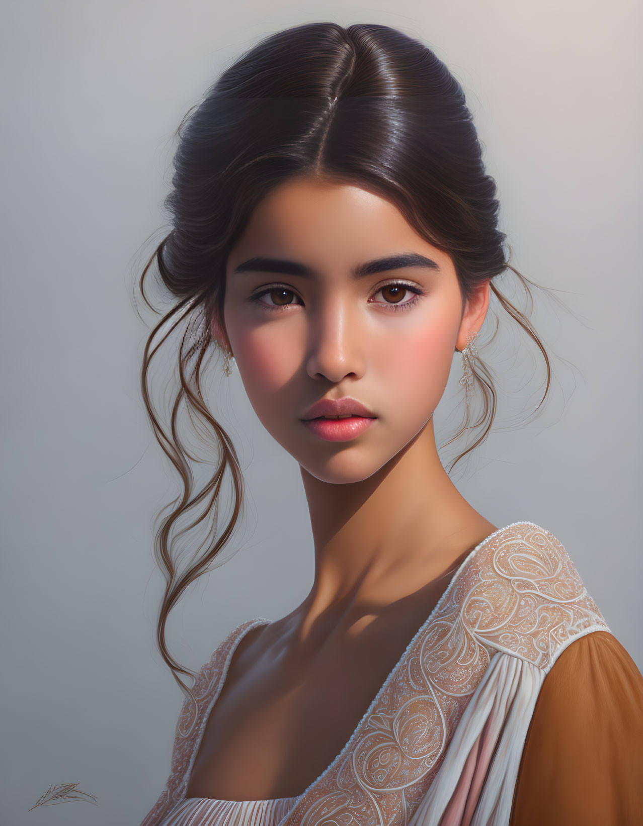 Detailed illustration of young woman with styled hair, subtle makeup, and off-shoulder top.