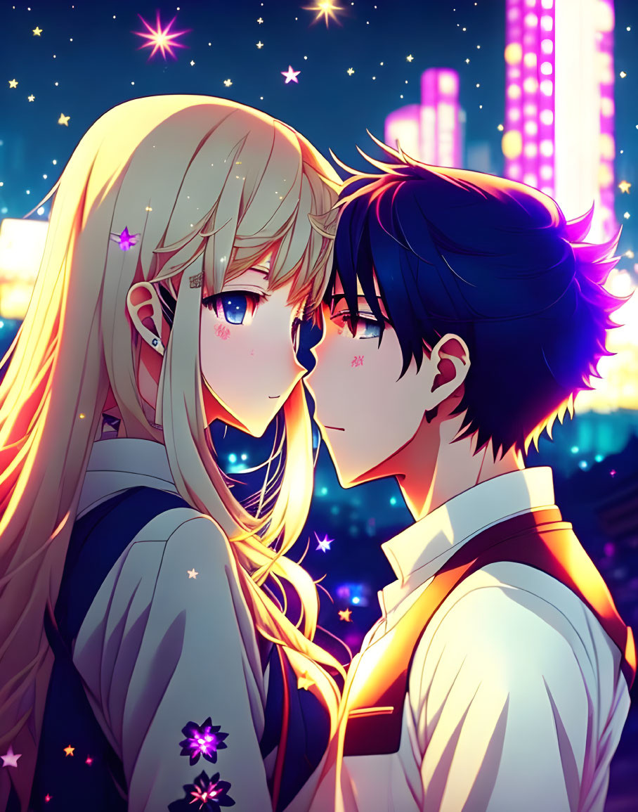 Anime-style couple with blonde girl and dark-haired boy in city night scene