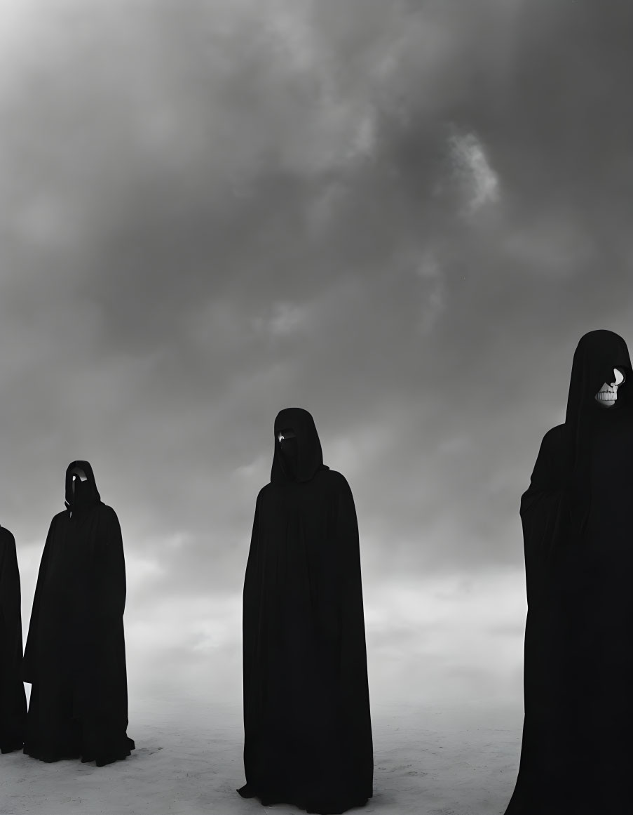 Mysterious silhouetted figures under gloomy sky