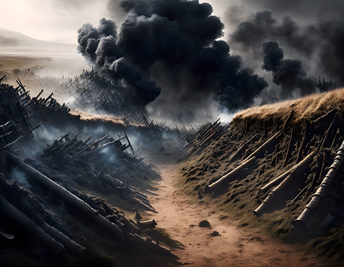 Dramatic battle scene with heavy smoke, spears, and shields scattered on dirt path