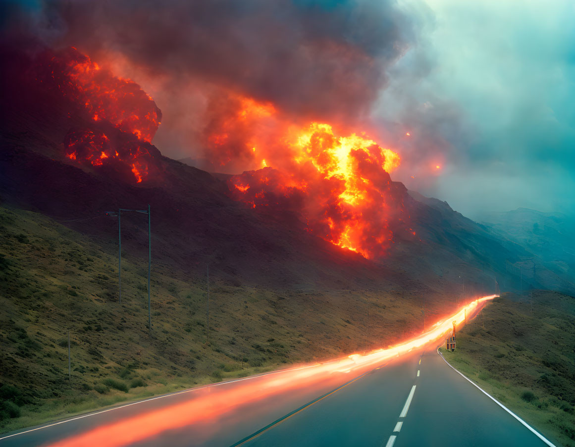 Volcanic eruption with molten lava flowing down a road