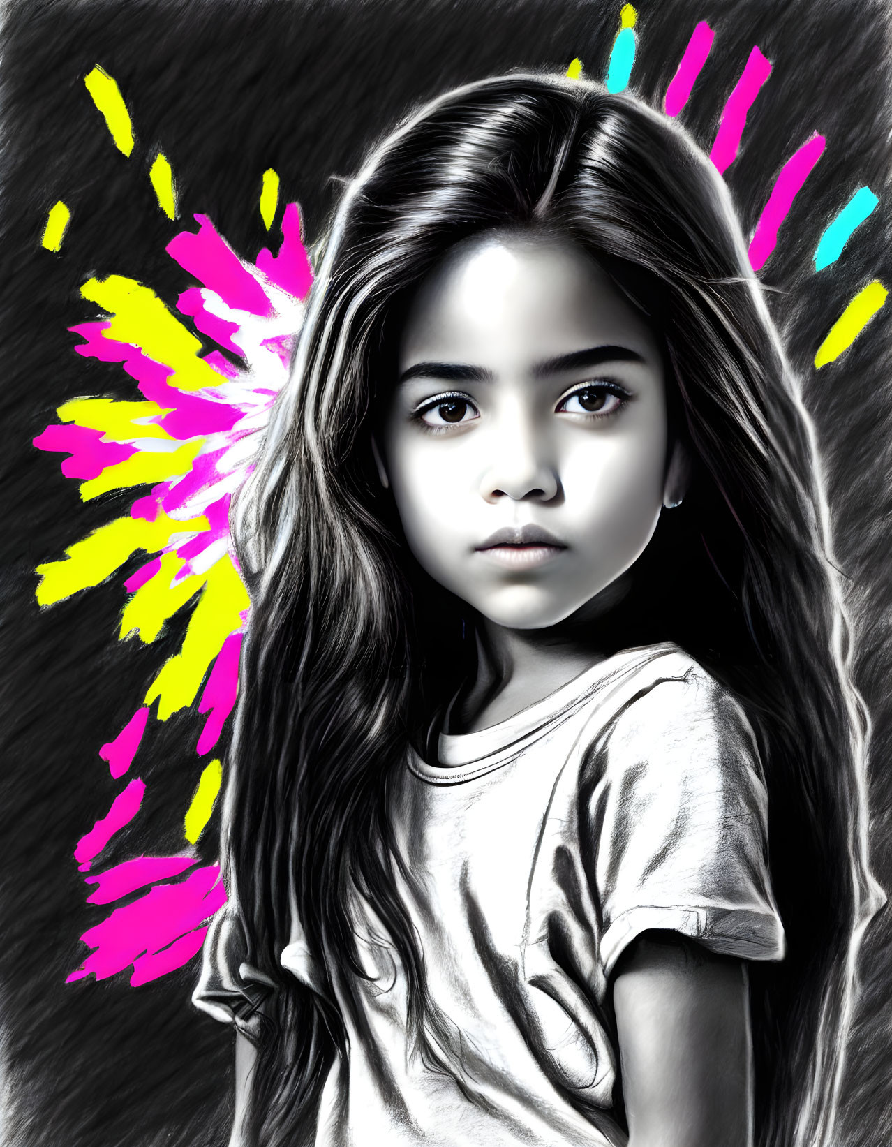 Monochrome drawing of young girl with colorful splashes portraying creative aura.