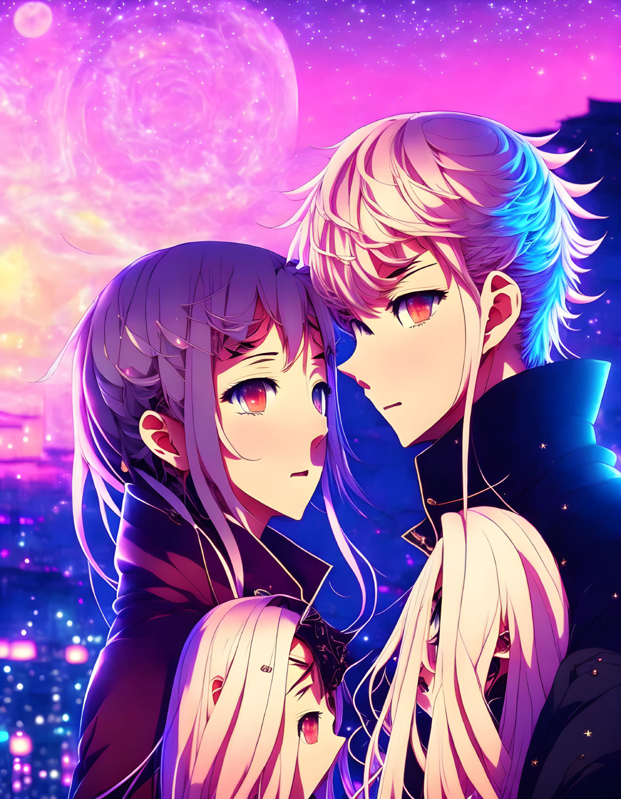 Anime-style characters under starry sky with colorful hair