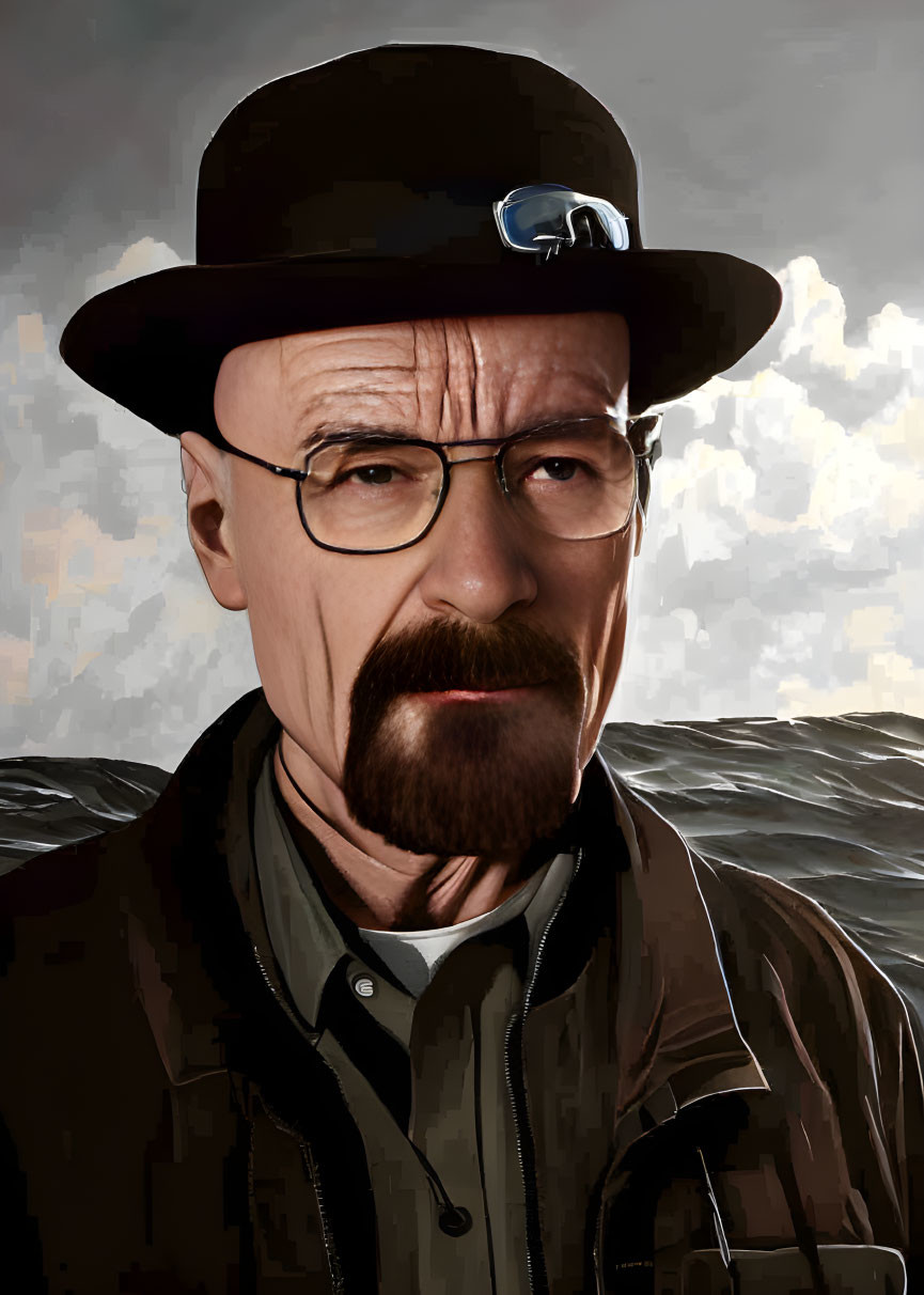 Portrait of stern man with goatee, glasses, hat, and jacket against cloudy backdrop