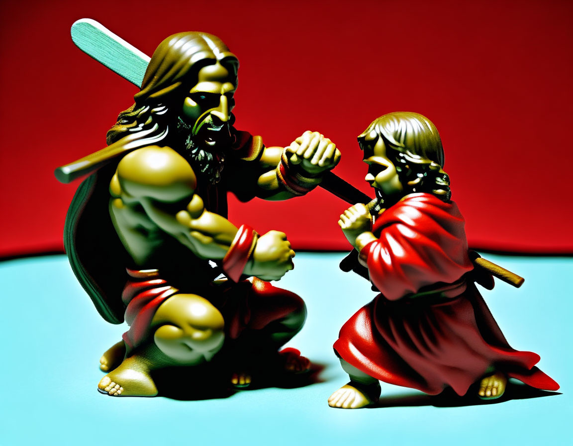 Historical figurines in red and green garb arm wrestle on turquoise surface