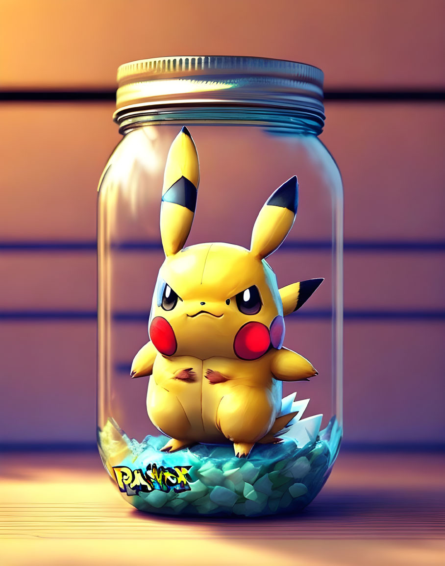 Digital Pikachu Illustration in Transparent Jar on Wooden Background