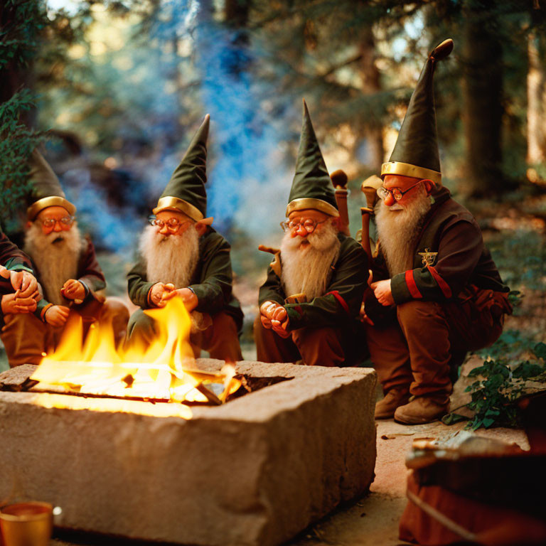 Four individuals in gnome costumes around a forest campfire