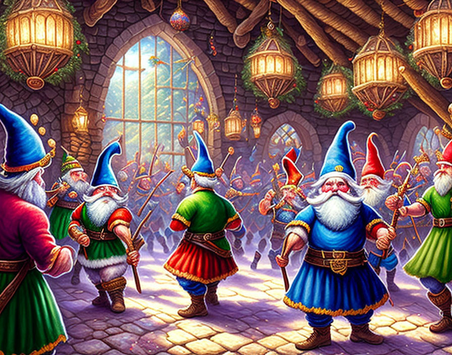 Colorful robed wizards in medieval hall with lanterns & stained glass