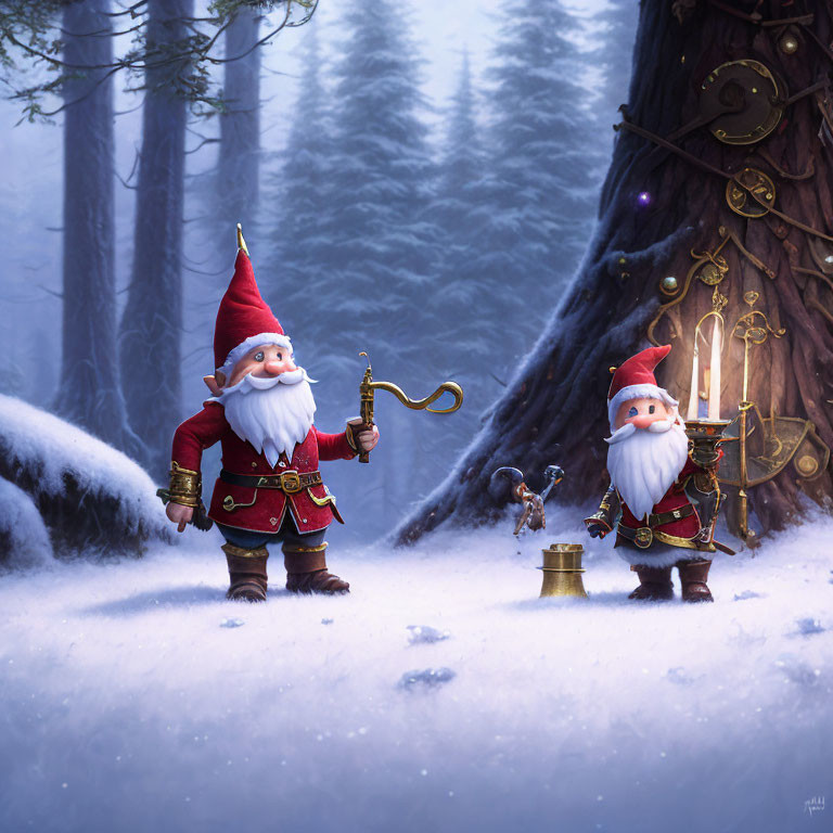 Whimsical animated gnomes with red hats in enchanted snowy forest