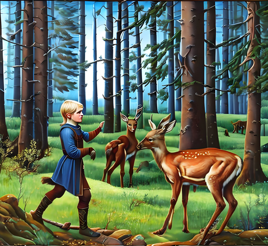 Child in blue outfit with deer in lush forest