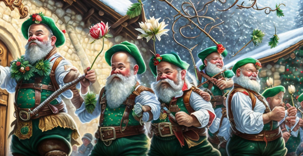 Four jolly dwarves in festive green outfits playing instruments in a snowy scene