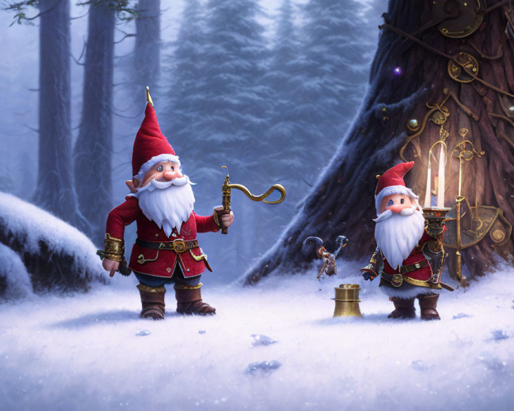 Whimsical animated gnomes with red hats in enchanted snowy forest