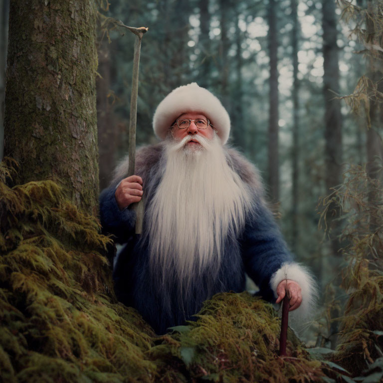 Elderly man with long white beard in mossy forest with staff