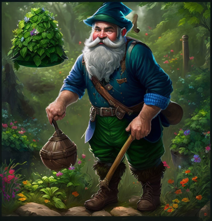 Fantasy gnome with white beard in lush forest carrying basket and staff