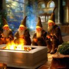 Four individuals in gnome costumes around a forest campfire