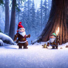 Whimsical animated gnomes with red hats in enchanted snowy forest