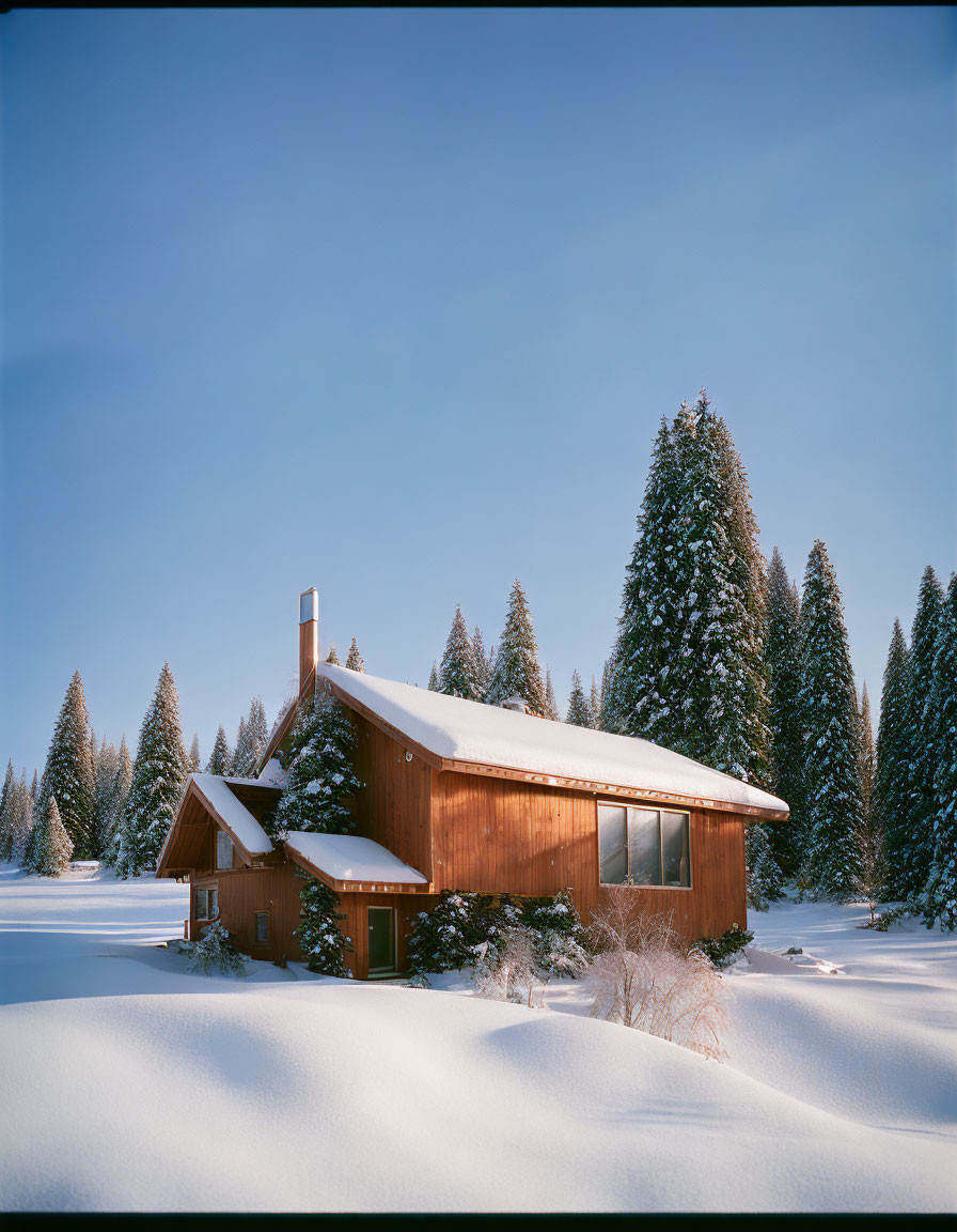 Snow-covered wooden cabin in pine forest under blue sky