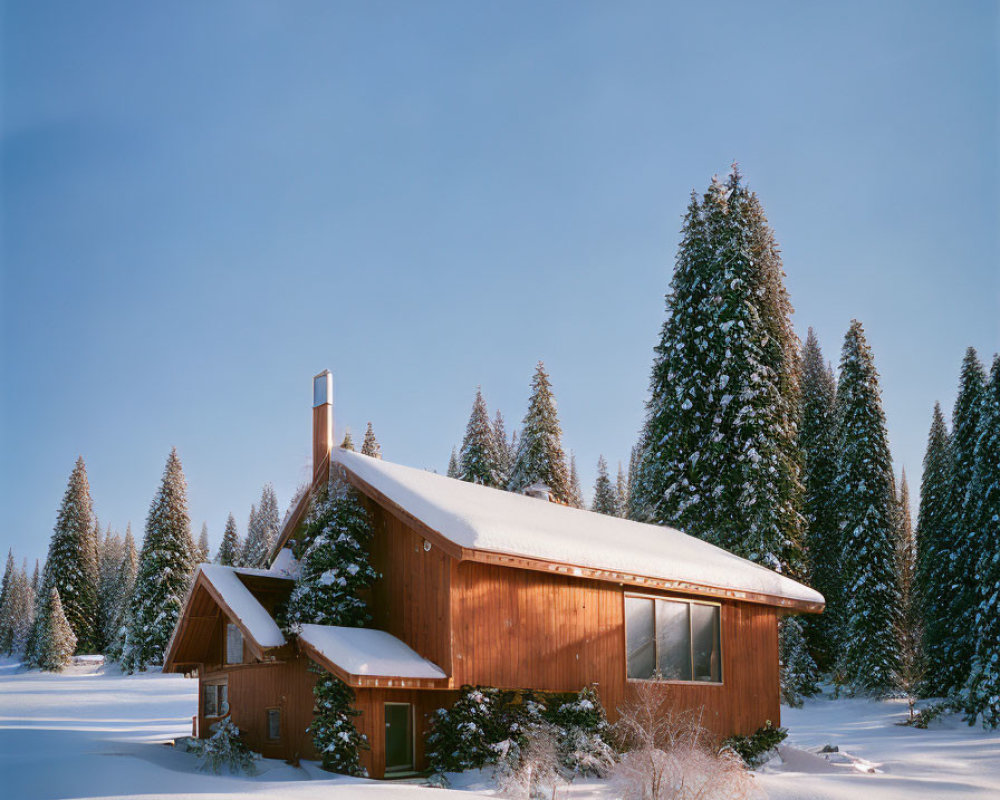 Snow-covered wooden cabin in pine forest under blue sky