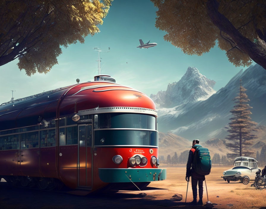 Traveler with backpack near vintage red bus, trees, mountain backdrop, and flying plane.