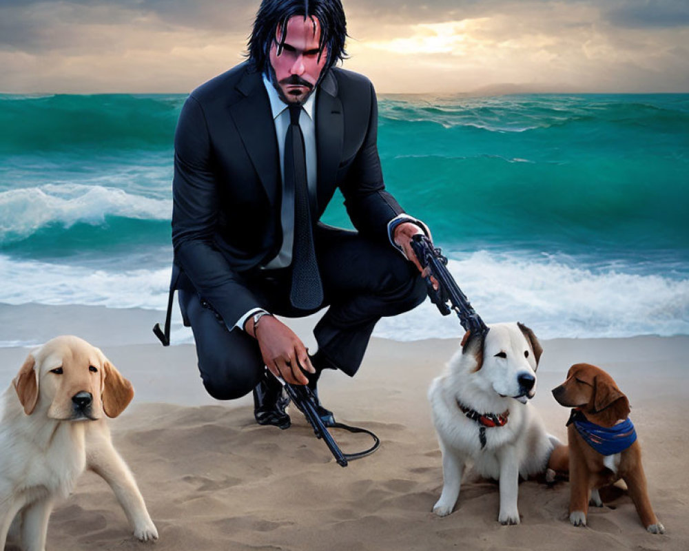 Stylized image of man in black suit with guns on stormy beach.