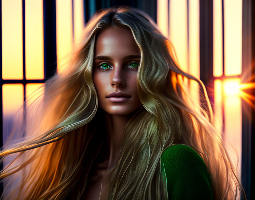 Blonde woman with green eyes in green top at sunset window