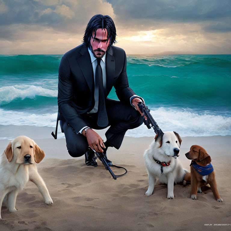 Stylized image of man in black suit with guns on stormy beach.