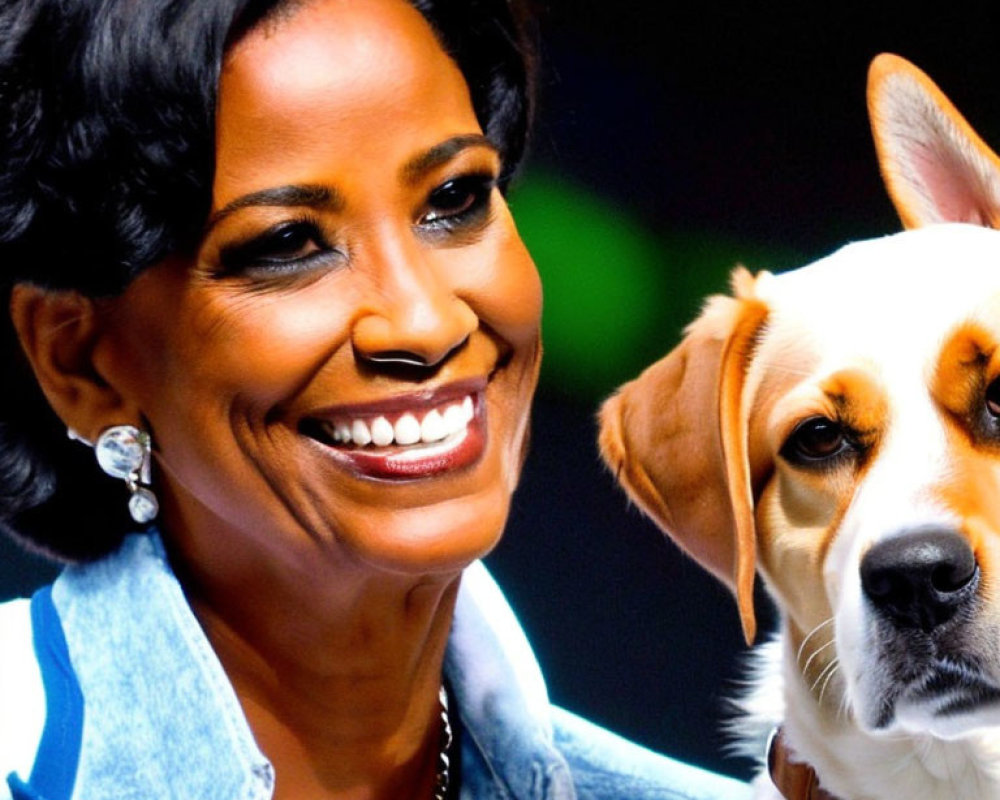 Smiling woman with short dark hair beside focused beagle dog