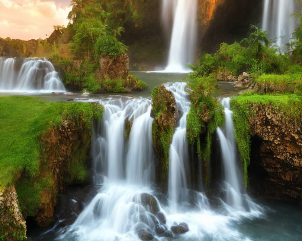 Scenic waterfalls in lush greenery at sunset