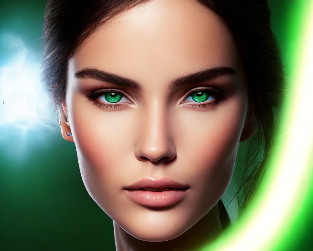 Close-Up Portrait of Woman with Striking Green Eyes and Flawless Makeup