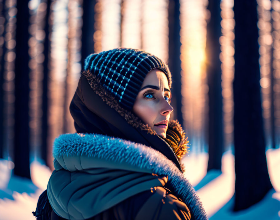 Woman in Winter Attire Contemplating Snow-Covered Forest at Sunset