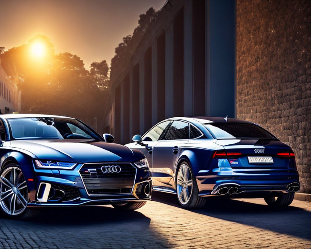 Two parked Audi cars under golden sunlight with modern building.